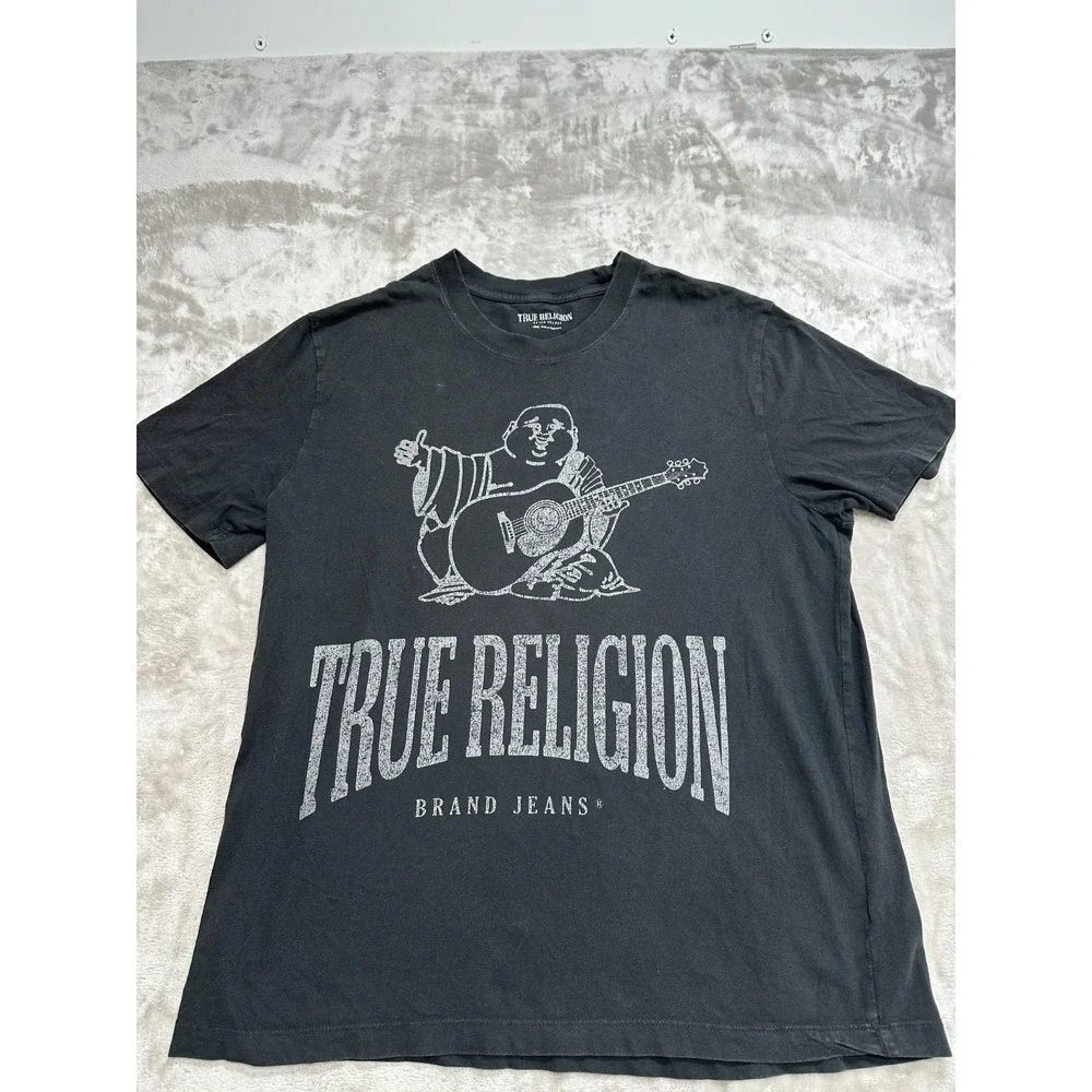 True Religion T-Shirt Mens Size Large Short Sleeve Crew Neck Buddha Guitar